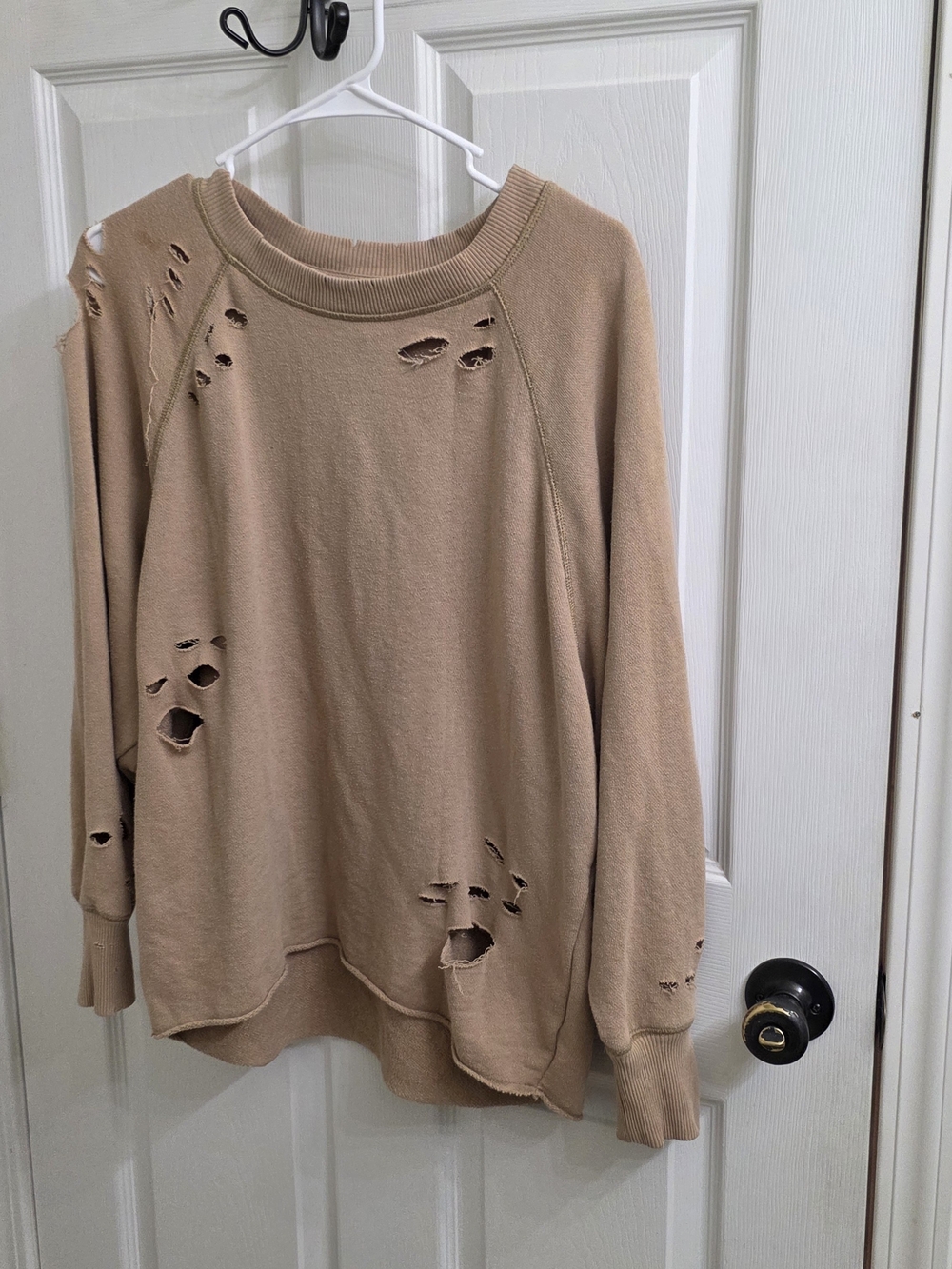 aerie Distressed Crewneck Sweater in Beige